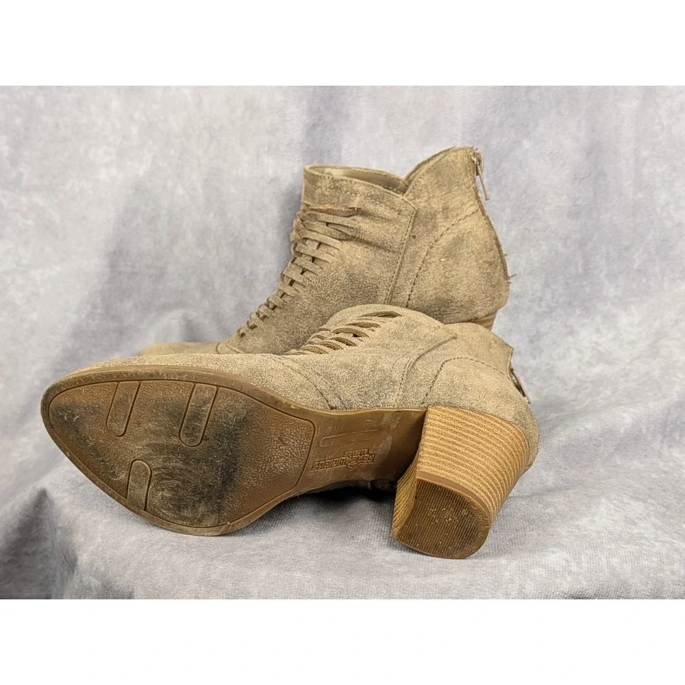 Fergalicious by Fergie Woven Lattice Ankle Boots Taupe Tan Block Heel Booties